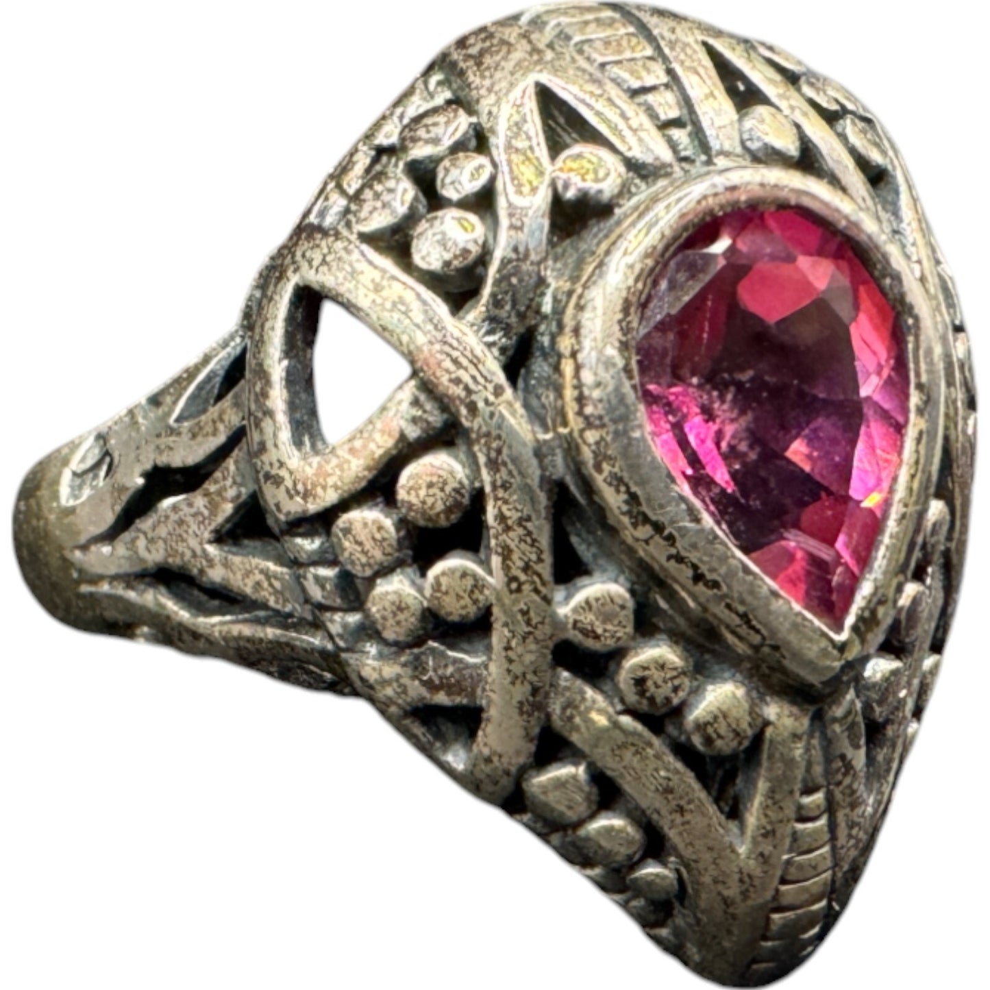 925 Sterling Silver Filigree Genuine Pink Topaz Gemstone Teardrop Ring 7 3/4