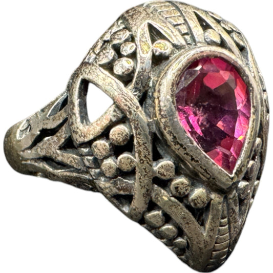 925 Sterling Silver Filigree Genuine Pink Topaz Gemstone Teardrop Ring 7 3/4