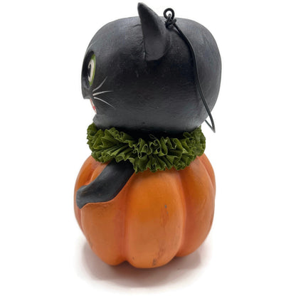 Bethany Lowe Halloween Vintage Style Black Cat in Pumpkin Bucket Paper Pulp New
