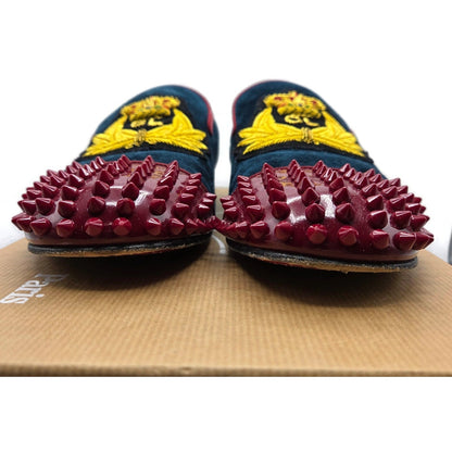 Christian Louboutin Harvanana Flat Veau Velours Blue Size 39 Spikes Crest Loafer