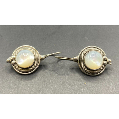 Mother Of Pearl Scroll Hook Drop Earrings Oval Gemstone 925 Sterling Silver BA