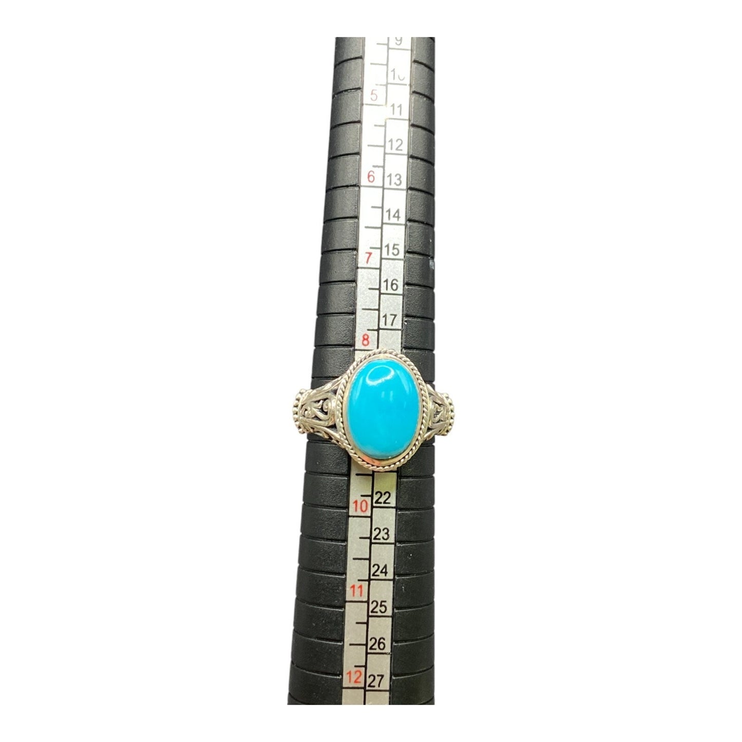 925 Sterling Silver Filigree Oval Turquoise Gemstone Cocktail Ring Size 8 3/4