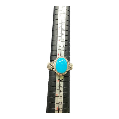 925 Sterling Silver Filigree Oval Turquoise Gemstone Cocktail Ring Size 8 3/4