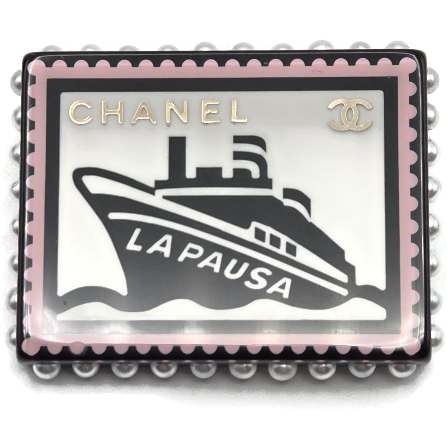 Chanel 19C La Pausa Yacht Stamp Brooch Pin CC Logo Cruise Ship Pea AB0921 Y47494
