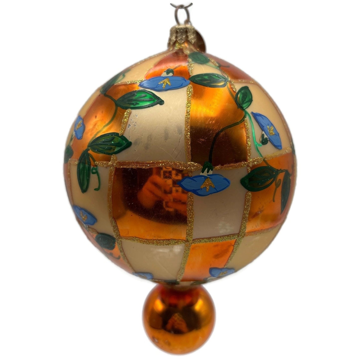 Christopher Radko Heavenly Blue Morning Glory Orange Glass Christmas Ornament