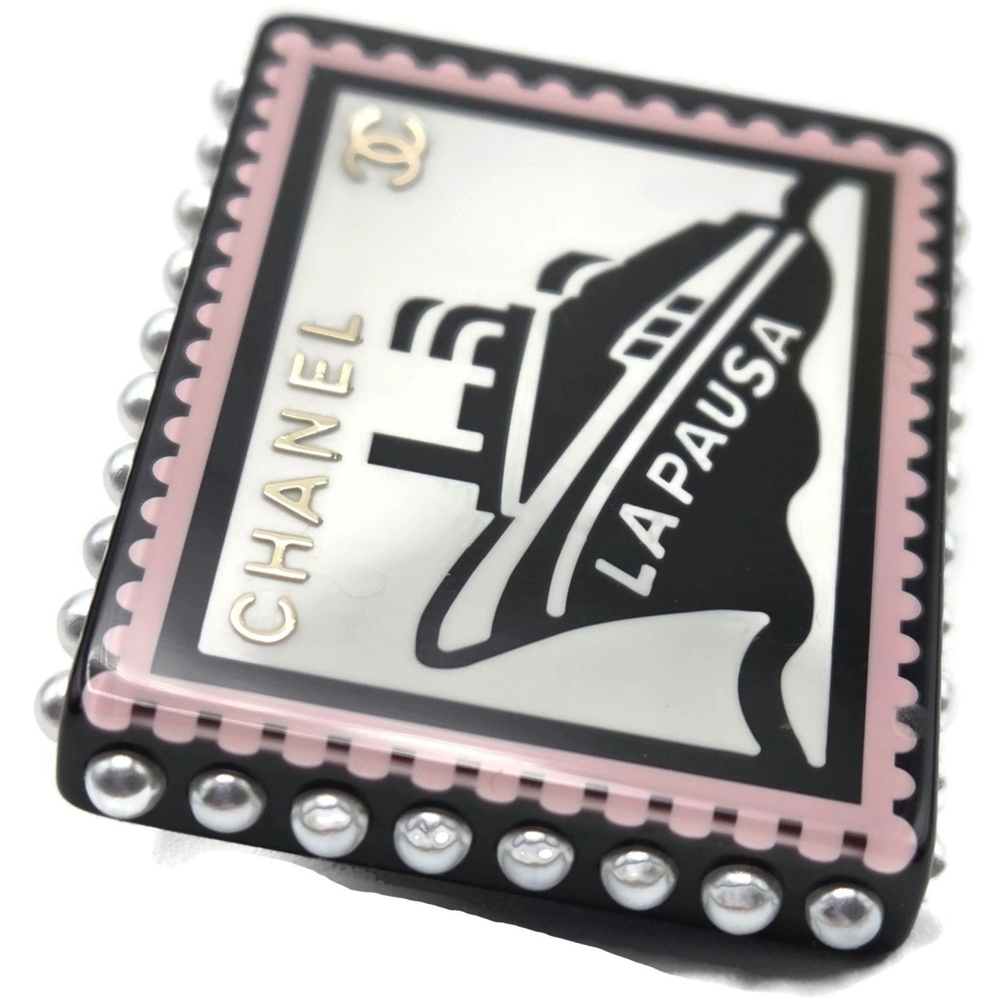 Chanel 19C La Pausa Yacht Stamp Brooch Pin CC Logo Cruise Ship Pea AB0921 Y47494