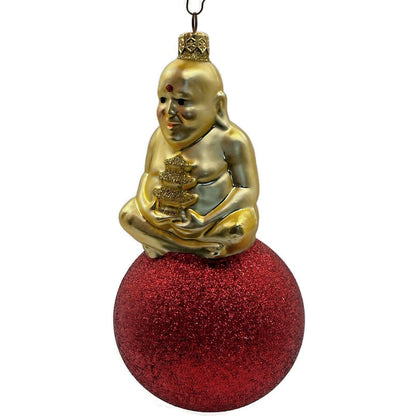 Patricia Breen Ornament Buddha on Ball Gold Red Glittered Ball Christmas Tree