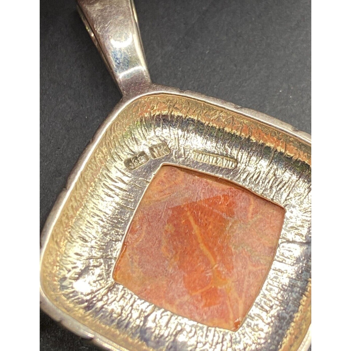 Natural Spiny Oyster Pendant Orange Polished Shell Sterling Silver Diamond Shape