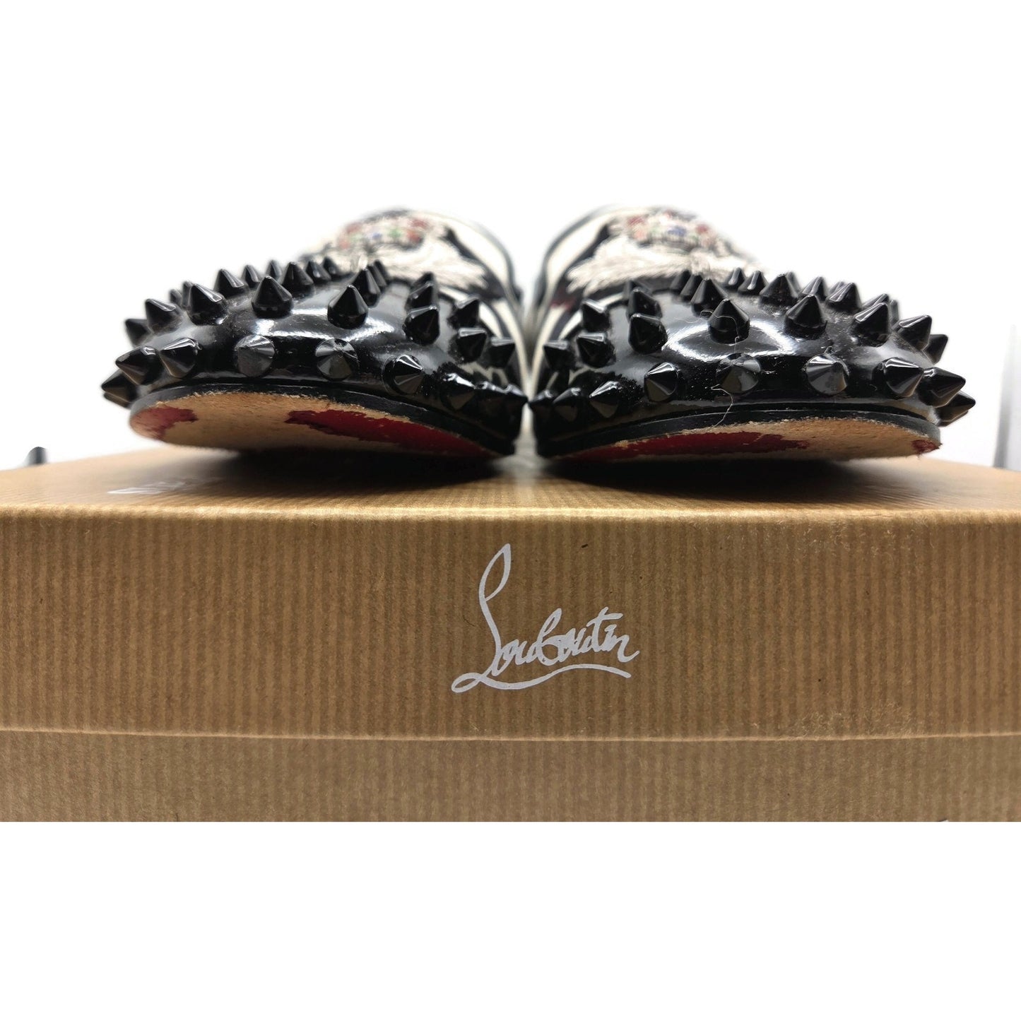 Christian Louboutin Intern Flat Patent Studded Loafers Black White Stripe Sz 40