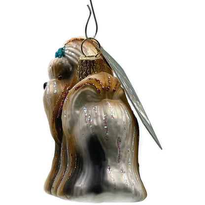 OWC Shih Tzu Dog Ornament Blue Bow Pet Glittered Old World Christmas Tree Decor