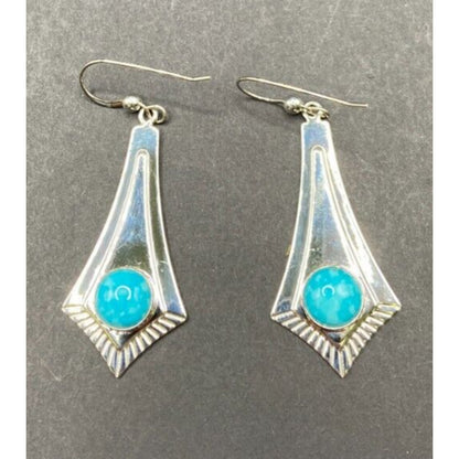 Turquoise Fish Hook Dangle Earrings Round Gemstone Silver Tone Metal