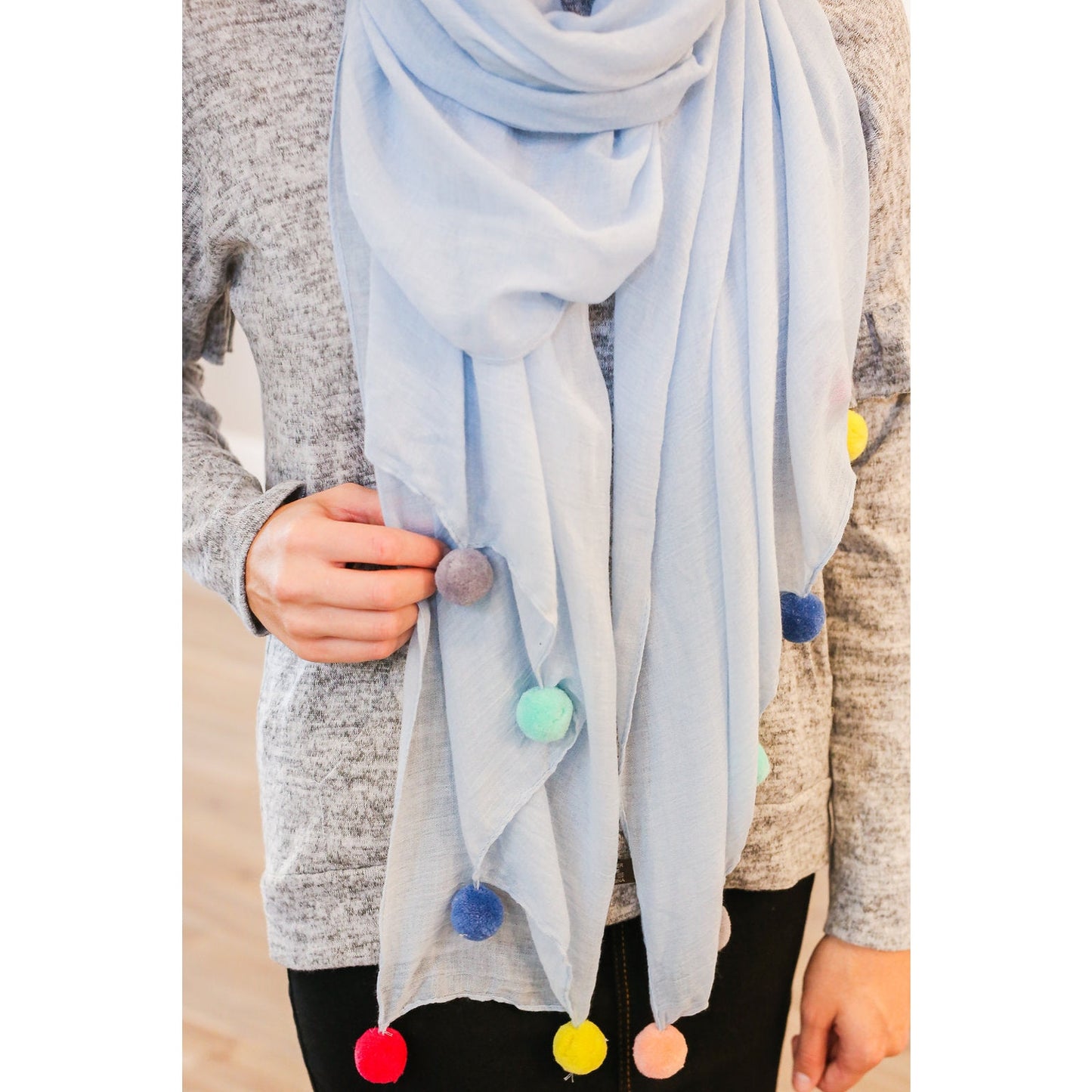 Blue Pom Pom Scarf Lightweight Gauze Multicolor Trim Viscose Polyester