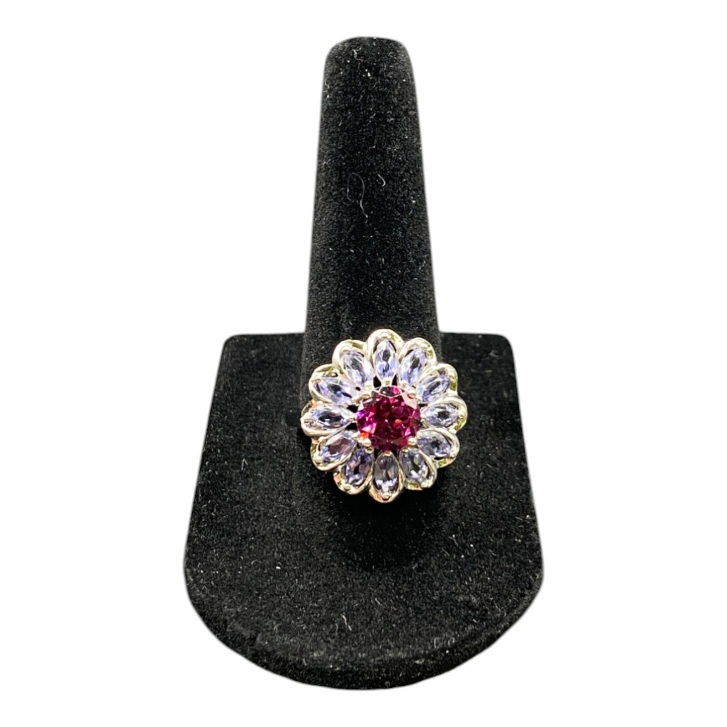 925 Sterling Silver Prong Set Blue Purple Gemstone Flower Cocktail Ring Size 8