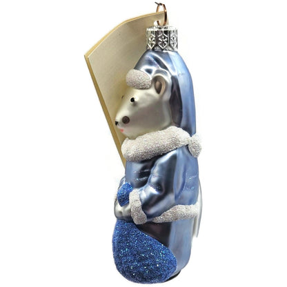 Patricia Breen Festive Mouse Light Blue Hand Blown Glass Christmas Tree Ornament