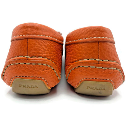 Prada Orange Papaya Pebbled Leather Loafers Slip On Driving Flats Womens Size 39