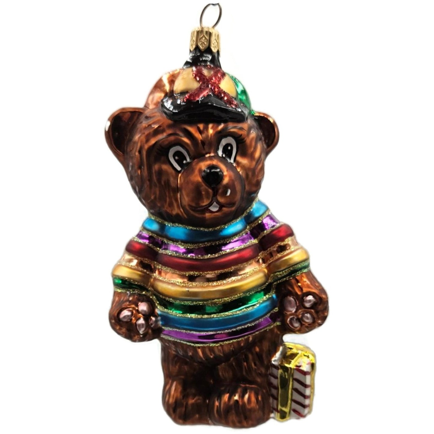 Christopher Radko Cubbys Rainbow Striped Holding A Gift Christmas Tree Ornament