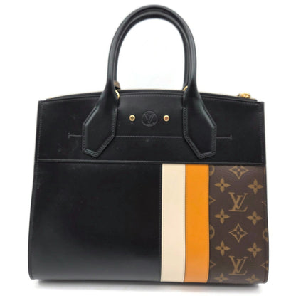 Louis Vuitton City Steamer MM Handbag M55433 Black Calfskin Monogram Stripe Bag