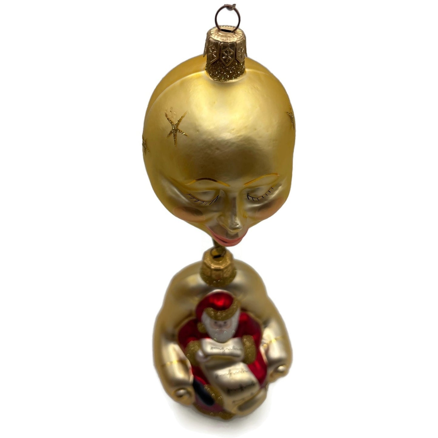 Patricia Breen Checking His List Gold Red Matte Moon Stars Christmas Ornament