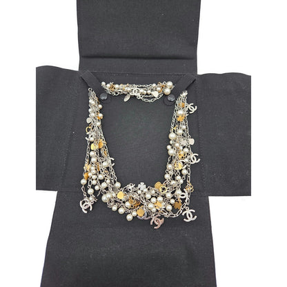 CoCo Chanel Three Strand Chain Hearts Clover Faux Pearl CC Logo Charm Necklace