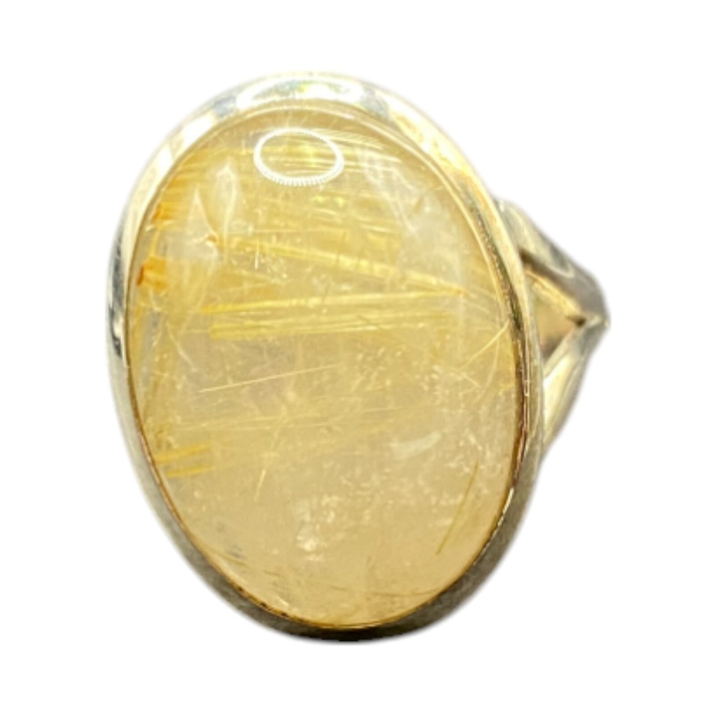 Golden Rutilated Quartz Crystal Ring Oval Cabochon 925 Sterling Silver Size 4