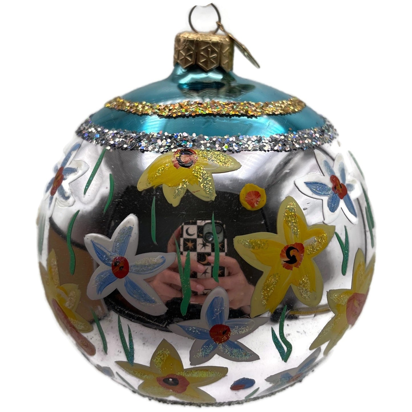 Christopher Radko Floral Glass Ornament Silver Blue Yellow Hand Painted Glitter