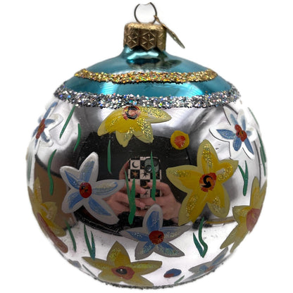 Christopher Radko Floral Glass Ornament Silver Blue Yellow Hand Painted Glitter