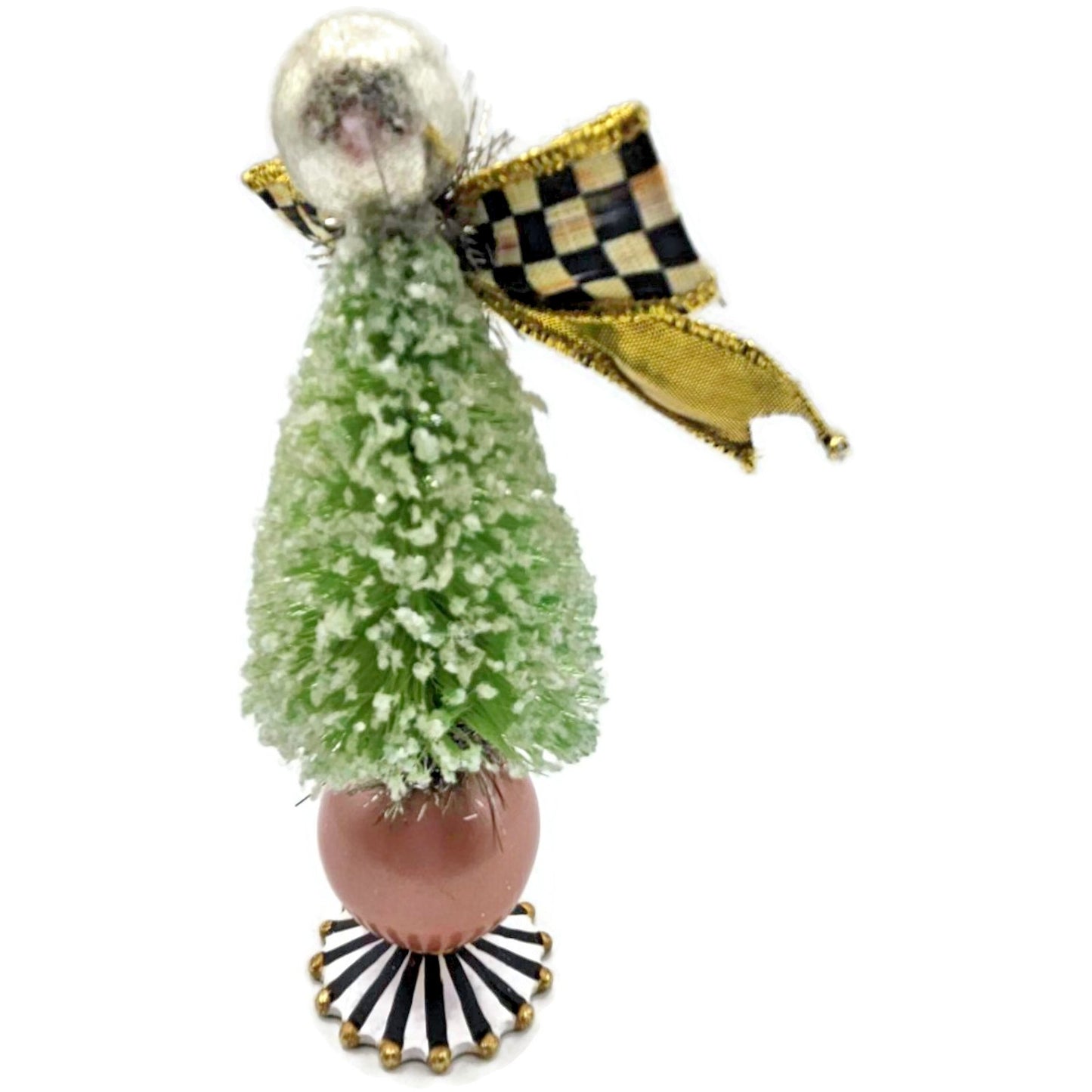 MacKenzie-Childs Home Sweet Snow Bottle Brush Tree Mini Green 6.5" Courtly Check