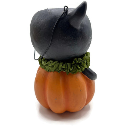 Bethany Lowe Halloween Vintage Style Black Cat in Pumpkin Bucket Paper Pulp New
