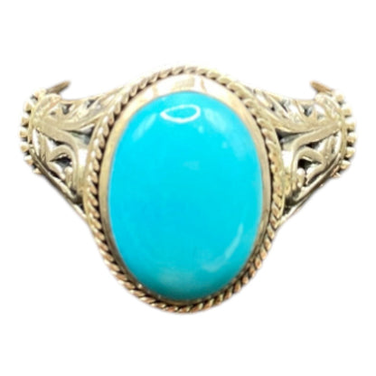 925 Sterling Silver Filigree Oval Turquoise Gemstone Cocktail Ring Size 8 3/4