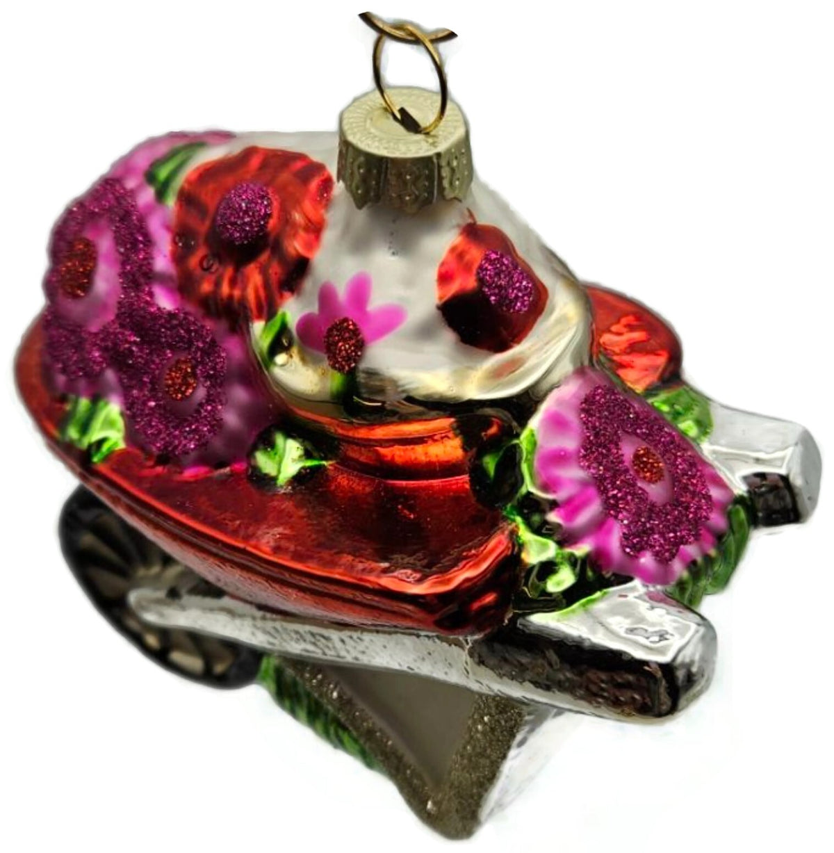 Floral Wheelbarrow Garden Flowers Blown Glass Christmas Holiday Tree Ornament3
