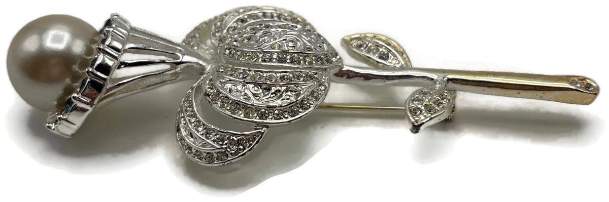 Vintage Rose Brooch Faux Pearl Black Clear Rhinestone Two Tone Flower Pin9