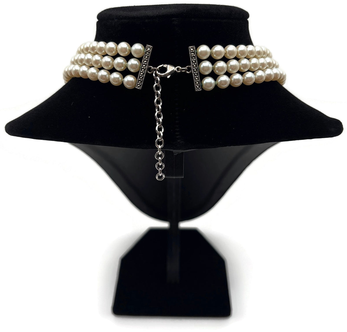 925 Marked 3 Strand Cream Pearl-Look Choker Necklace Oval Centerpiece 16in5