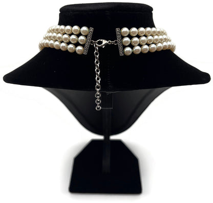 925 Marked 3 Strand Cream Pearl-Look Choker Necklace Oval Centerpiece 16in5