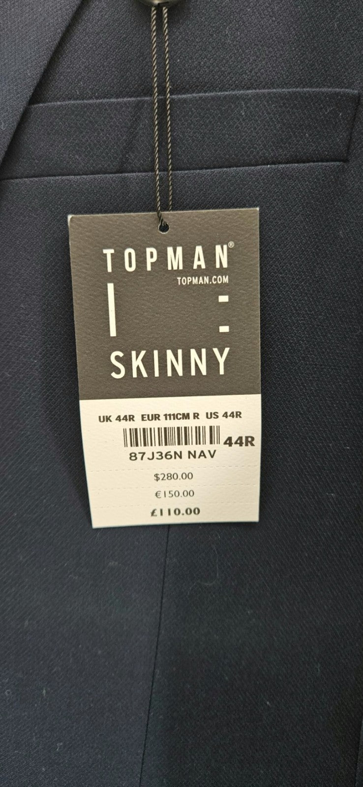 Topman Skinny Fit Suit Jacket Navy Blue Blazer Sport Coat Slim Men's Sz 44R NWT9