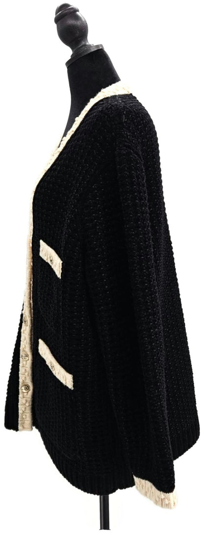 CHANEL Black White Wool Blend CC Button Cardigan Size 443