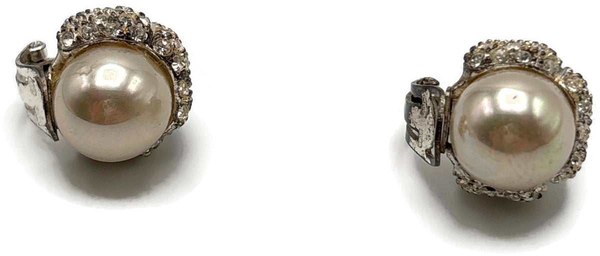 Ultima Edizione 925 Sterling Silver Pearl CZ Rhinestone Clip On Earrings Signed1