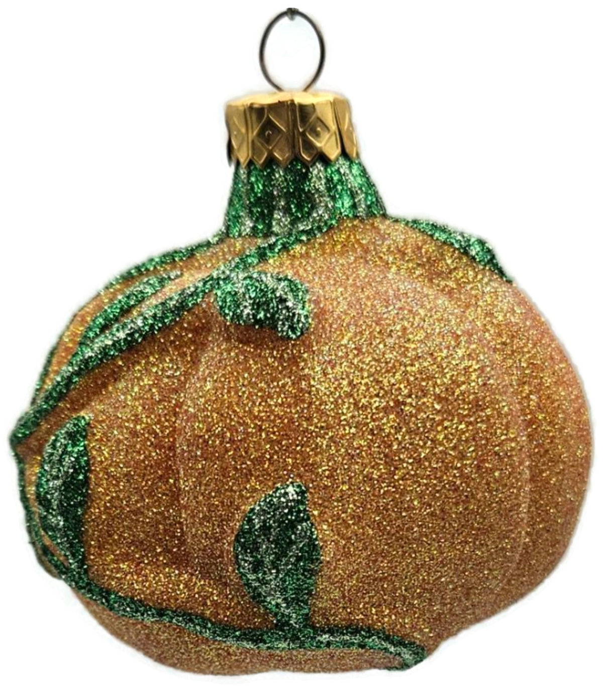 Vintage Pumpkin & Vine Orange Green Glitter Blown Glass Fall Christmas Ornament5