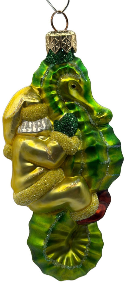 Patricia Breen Hi Ho Santa Yellow Green Seahorse Glass Christmas Ornament 99146