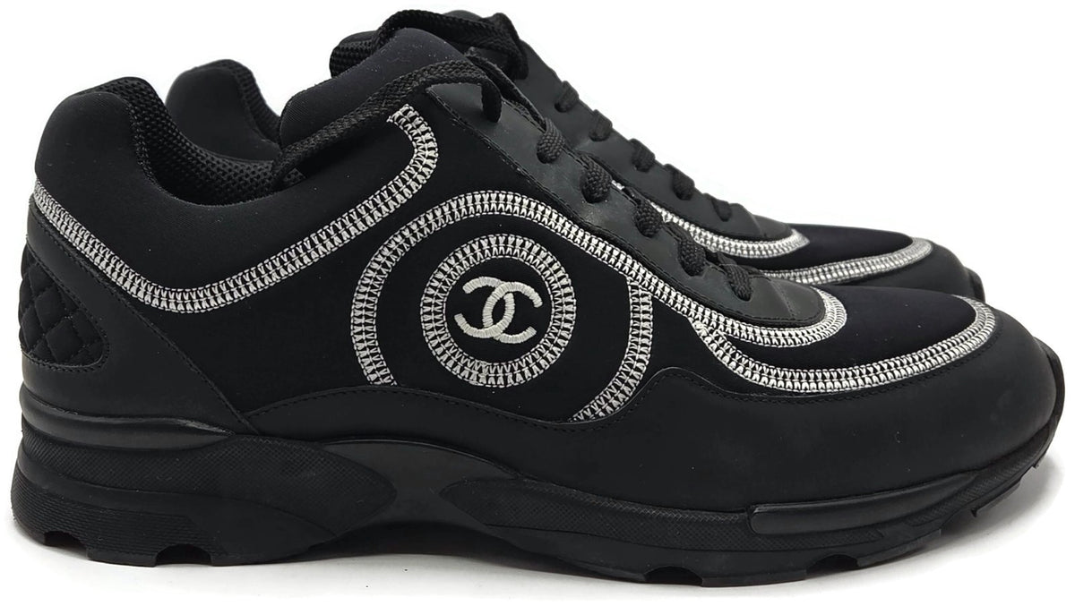 Chanel CC Low Top Sneakers Black Leather Platform Athletic Shoes Women Size 40.50