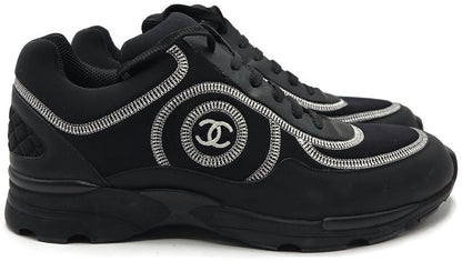 Chanel CC Low Top Sneakers Black Leather Platform Athletic Shoes Women Size 40.50