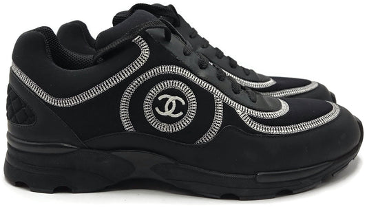 Chanel CC Low Top Sneakers Black Leather Platform Athletic Shoes Women Size 40.50