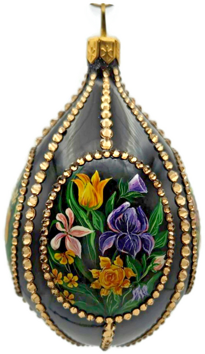 Patricia Breen Medium Egg Spring 1610 Jeweled Black Floral Easter Ornament 33142