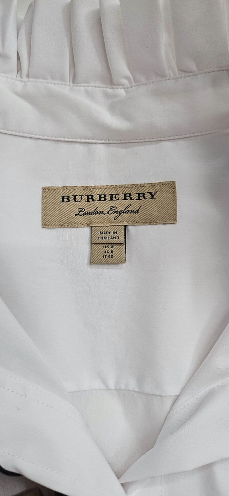 Burberry London Women's White Ruffle Collar Cuff Cotton Button Up Shirt US 6 NWT12