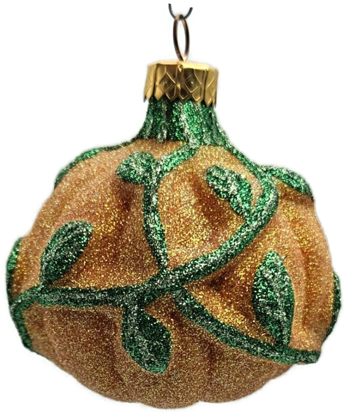 Vintage Pumpkin & Vine Orange Green Glitter Blown Glass Fall Christmas Ornament0