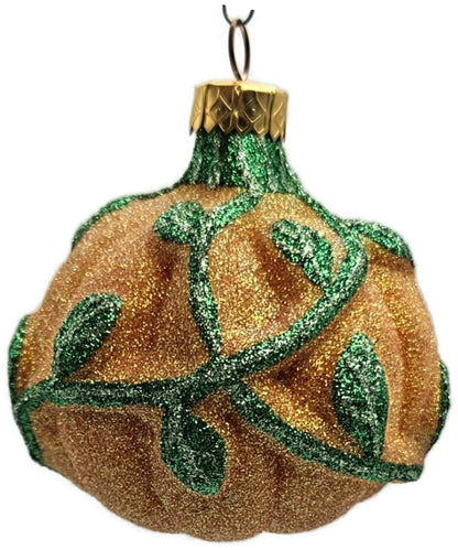 Vintage Pumpkin & Vine Orange Green Glitter Blown Glass Fall Christmas Ornament0