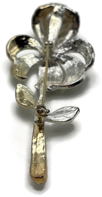 Vintage Rose Brooch Faux Pearl Black Clear Rhinestone Two Tone Flower Pin4