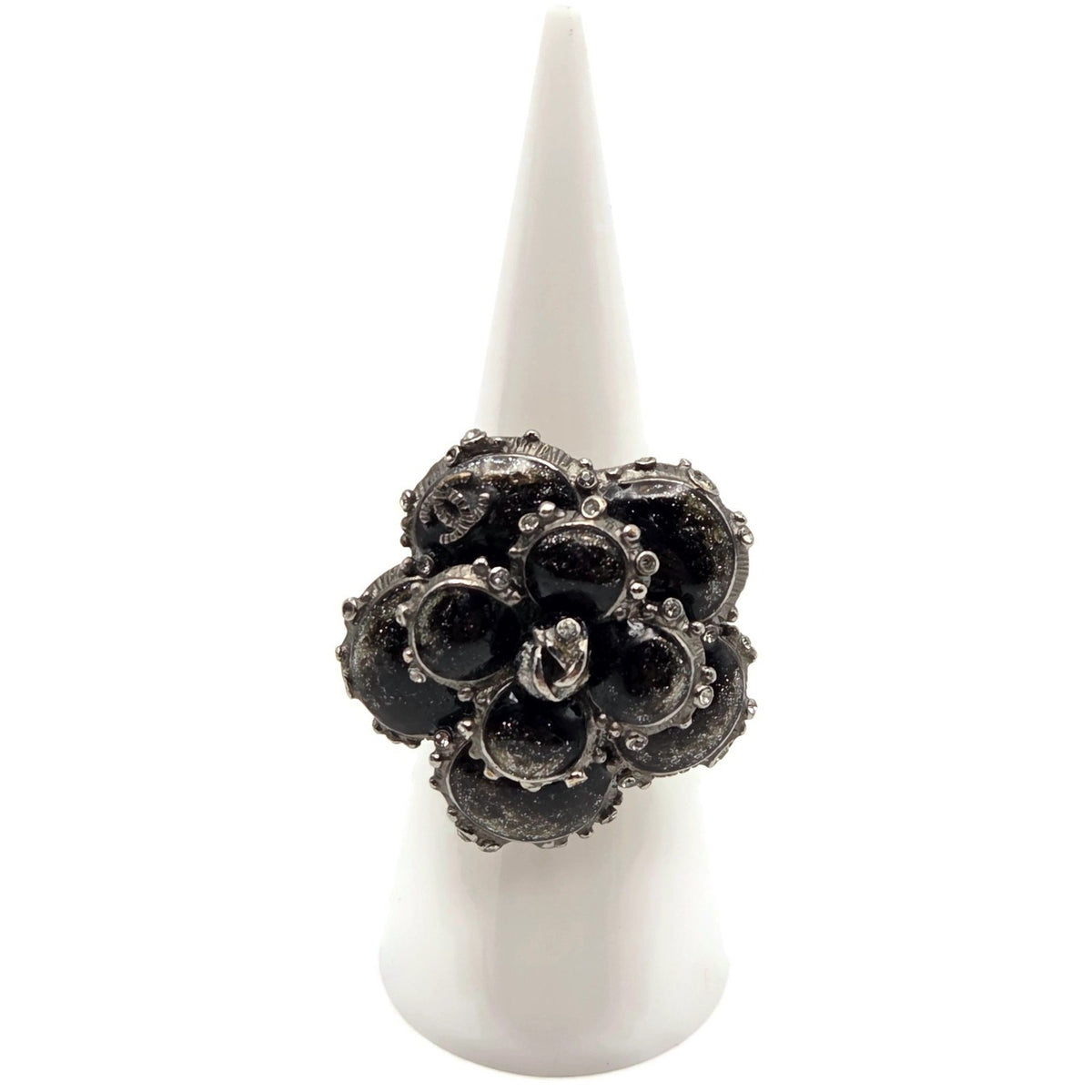 CHANEL 13PCamellia CC Flower Ring Black Enamel Crystal Ruthenium EU 54 US 7 Box0