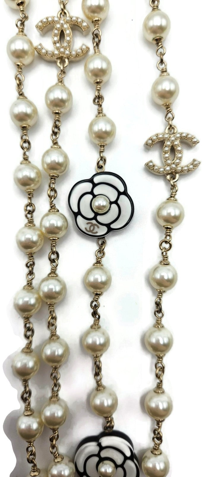 Chanel B19B Camellia Faux Pearl Crystal CC Long Necklace 2019 Gold w/ Box11