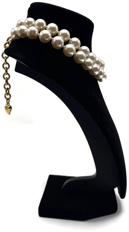 Carolee Signed Double Strand Faux Pearl Choker Necklace Gold Tone Heart Charm3