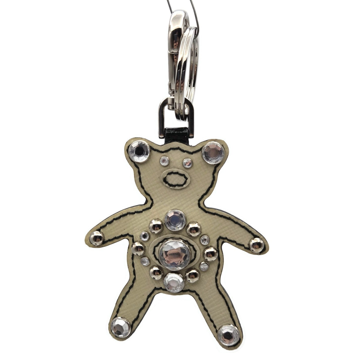 Prada Teddy Bear Keychain Bag Charm Beige Black Saffiano Leather w/ Crystals Box0